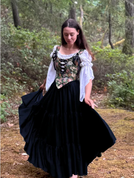 The SARAH- Renaissance Fair 3 Pc Dress Women Fantasy Medieval Cosplay BLACK Skirt- Costume - Floral Tapestry Corset Bodice - Image 2
