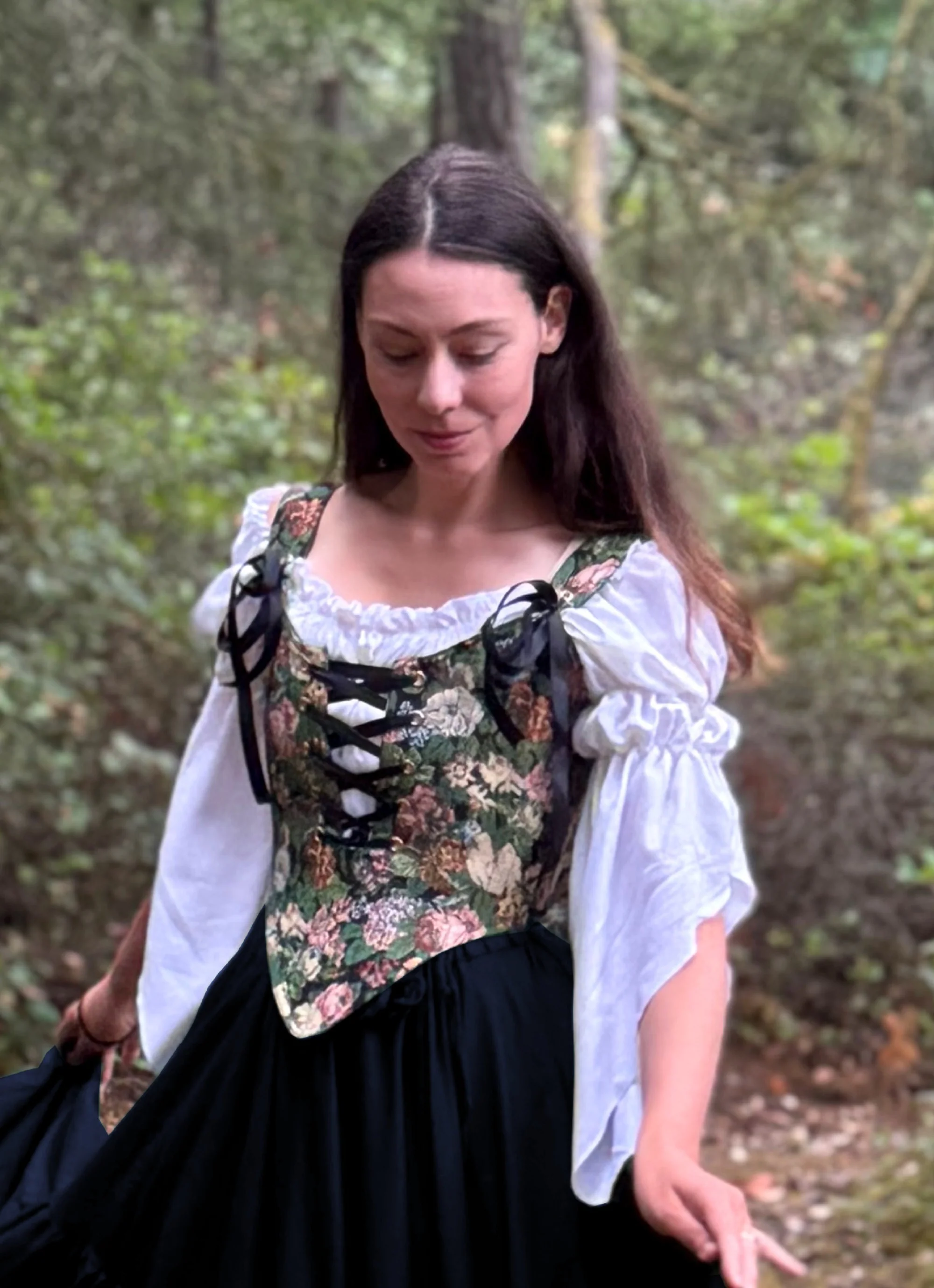 The SARAH- Renaissance Fair 3 Pc Dress Women Fantasy Medieval Cosplay BLACK Skirt- Costume - Floral Tapestry Corset Bodice - Image 4