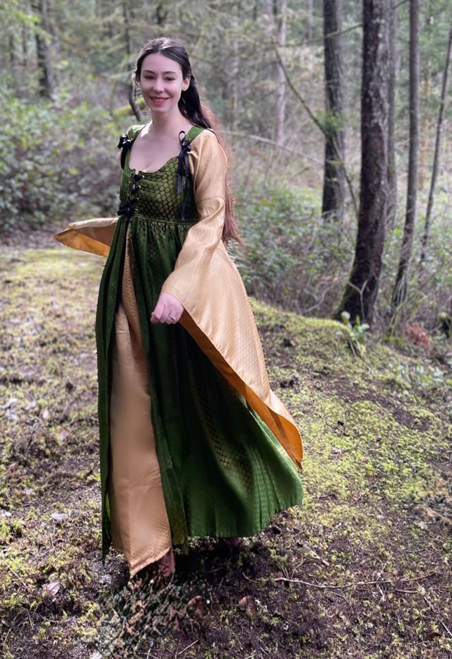 Renaissance Women's Dress Costume Elf Fantasy Elven Cosplay 2-Piece Dress Gown Set Olive/Gold - " The Verona" - Reminisce Brand - Image 3